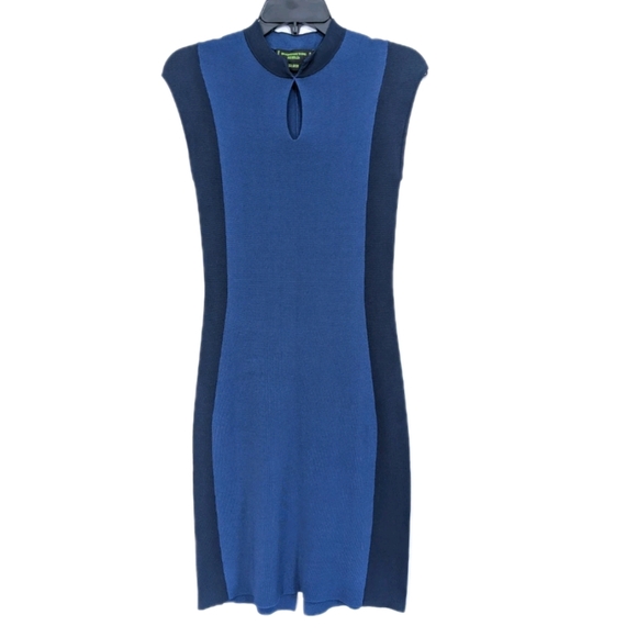Shanghai Tang Dress Small Women Knit Sheath Sleeveless Blue Elegant Business